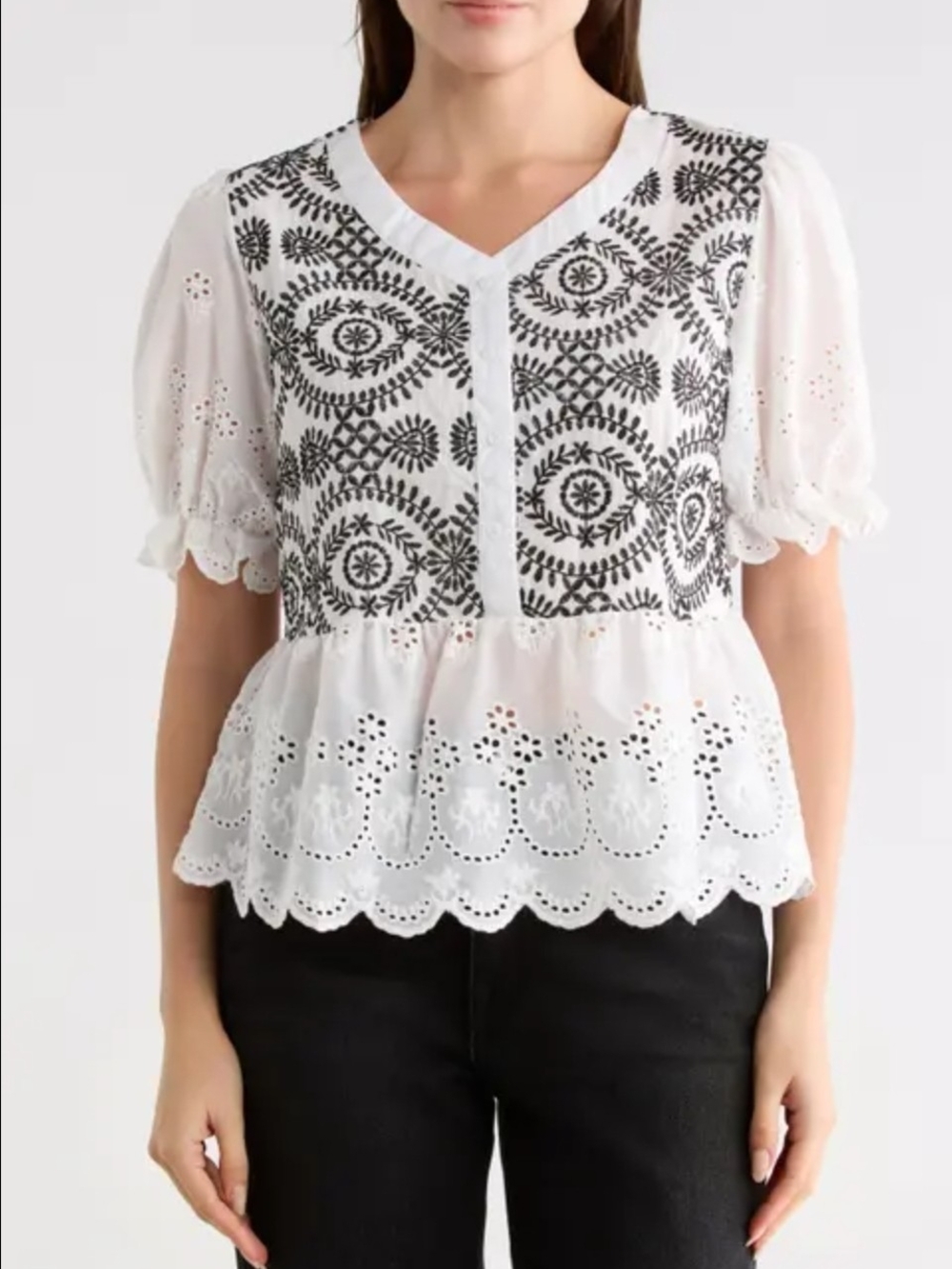 Kori White Eyelet Peplum Blouse with Black Embroidery Large NEW